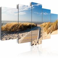 Karo-art Schilderij - Noordzee, 5luik , beige blauw , wanddecoratie , premium print op canvas