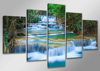 Karo-art Schilderij - Waterval XXL, Blauw/Groen, 200X100cm, 5luik