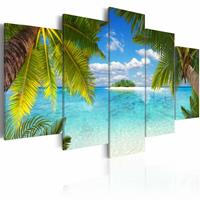 Karo-art Schilderij - Paradijs Eiland, Blauw/Groen, 5luik , wanddecoratie , premium print op canvas