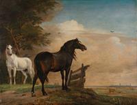 Karo-art Schilderij - Paulus Potter, Twee paarden in de wei bij een hek, 1649, reproductie, 60x80cm