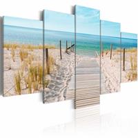 Karo-art Schilderij - Naar de Noordzee, 5luik , beige blauw , wanddecoratie , premium print op canvas