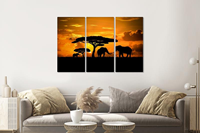 Karo-art Schilderij - Olifanten familie bij zonsondergang, 120x80cm, 3 luik, premium print