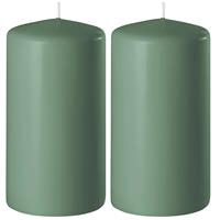 2x Groene Cilinderkaarsen/stompkaarsen 6 X 15 Cm 58 Branduren - Geurloze Kaarsen Groen - Woondecoraties