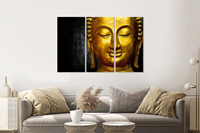 Karo-art Schilderij - Gouden Boeddha, 120x80cm, 3 luik, premium print