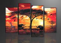 Karo-art Schilderij - Afrika Dieren, Oranje, 130X80cm, 4luik