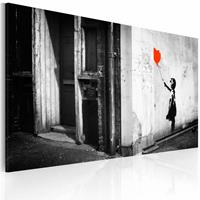 Karo-art Schilderij - Banksy - Meisje met Ballon, 40x60cm , zwart wit rood ,wanddecoratie , premium print op canvas