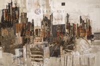 Karo-art Schilderij - Stad in abstractie (print van handgeschilderd) , Beige bruin , 3 maten , Premium print