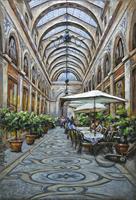 Karo-art Schilderij - Metaalschilderij - Overdekte Passage, Restaurant, 3D, 80x120cm