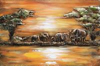 Karo-art Schilderij - Metaalschilderij - Olifanten in Afrika, 120x80cm