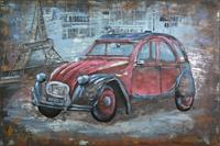 Karo-art Schilderij - Metaalschilderij - Rode auto Citroën 2cv, Parijs - oldtimer120x80, 3D schilderij