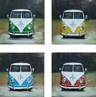 Karo-art Schilderij - Metaalschilderij - Volkswagen bus T1, set van 4 x 40x40cm. vierluik, met de hand geschilderd op metaal