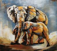 Karo-art Schilderij - Metaalschilderij - Olifant en kalf, handgeschilderd op metaal 100x100cm