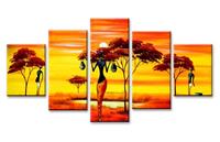 Karo-art Schilderij - Afrika, Geel/Oranje, 160X80cm, 5luik