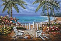 Karo-art Schilderij - Metaalschilderij -Het Paradijs, Strand, Palmbomen en Zee, 3D, 120x80cm