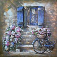 Karo-art Schilderij - Metaalschilderij - Bloemen, Venster en Fiets, 100x100cm. 3D