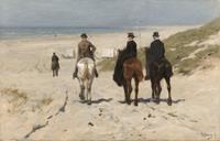 Karo-art Anton Mauve, Morgenrit langs het strand 90x60cm, Rijksmuseum, print op canvas, premium print, oude meester