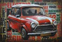 Karo-art Schilderij - Metaalschilderij - Mini Cooper Vintage, 3D, 120x80cm