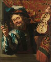 Karo-art Gerard van Honthorst - Een vrolijke vioolspeler 60x90cm, Rijksmuseum, oude meester, print op canvas, premium print
