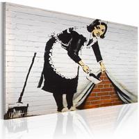 Karo-art Schilderij - Banksy - Schoonmaakster, 60X40cm , zwart wit rood , wanddecoratie , premium print op canvas