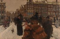 Karo-art George Hendrik Breitner, De Singelbrug bij de Paleisstraat in Amsterdam 90x60cm, Rijksmuseum, premium print, print op canvas