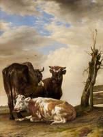 Karo-art Schilderij - Paulus Potter, , Twee koeien en een jonge stier naast een hek in een weiland, 1647, 60x90cm