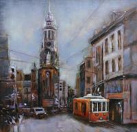 Karo-art Schilderij - metaalschilderij -Stads gezicht, Amsterdam, tram 100x100cm