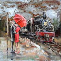 Karo-art Schilderij - metaalschilderij - Treinstation 100x100cm