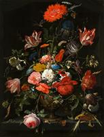 Karo-art Schilderij - Abraham Mignon, Bloemen in een metalen vaas, c. 1670