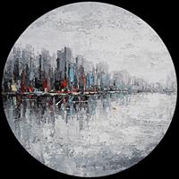 Karo-art Schilderij - Handgeschilderd - Skyline Abstract 2 ,80cm Rond