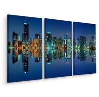 Karo-art Schilderij - Panorama van Miami bij nacht, 3 luik, premium print van dit prachtige schilderij