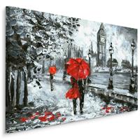 Karo-art Schilderij - Regen in Londen (print op canvas), zwart-wit/rood, 4 maten, premium print