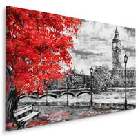 Karo-art Schilderij - Uitzicht op de Thames en Big Ben in Londen (print op canvas), zwart-wit/rood, 4 maten, wanddecoratie