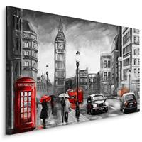 Karo-art Schilderij - Regenachtige dag in Londen (print op canvas), zwart-wit/rood, 4 maten, premium print