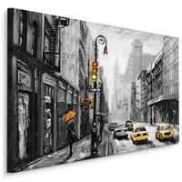 Karo-art Schilderij - Regen in New York City (print op canvas), zwart-wit/geel, 4 maten, wanddecoratie