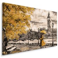 Karo-art Schilderij - Geliefden in Londen (print op canvas), zwart-wit/geel, 4 maten, wanddecoratie