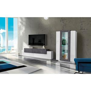 DMORA Modulare Wohnwand, Made in Italy, mit weißem LED-Licht, TV-Ständer und Vitrine, Modernes Wohnzimmer-Set, 290x45h121 cm, Farbe Glanzweiß und Aschgrau