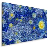 Karo-art Schilderij - Sterrennacht in de style van Vincent van Gogh, blauw/geel, 4 maten, print op canvas