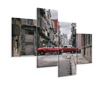 Karo-art Schilderij - Oldtimers in Cuba, rood, 4 luik, premium print