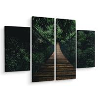 Karo-art Schilderij - Houten hangbrug in het bos, 4 luik, premium print