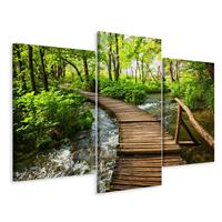 Karo-art Schilderij - Houten loopbrug in het bos, 3 luik, premium print