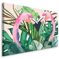 Karo-art Schilderij - Flamingo's tussen tropische bladeren (print op canvas), roze/groen, 4 maten, premium print