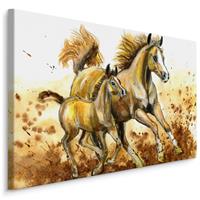 Karo-art Schilderij - Veulen en merrie (print op canvas), bruin/beige, 4 maten, wanddecoratie