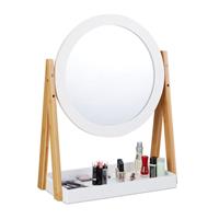 RELAXDAYS Kosmetikspiegel, schwenkbar, mit Ablage für Make Up, Kosmetik, Tischspiegel ℃ 32,5 cm, Bambus, MDF, weiß-natur