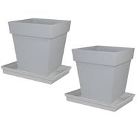 Set Van 2x Stuks Bloempotten Toscane Vierkant Kunststof Grijs 32 X 32 X 32 Cm Inclusief Onderschalen - Plantenpotten