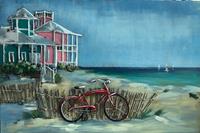 Karo-art Schilderij - Metaalschilderij - Met de fiets naar het strand, 120x80cm, 3D art