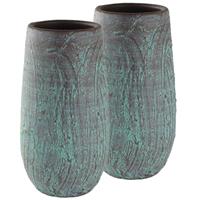 Set Van 2x Stuks Hoge Bloempotten/plantenpotten Vaas Van Keramiek Antiek Brons D17 En H30 Cm - Vazen