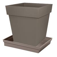 Bloempot Toscane Vierkant Kunststof Taupe L32 X B32 X H32 Cm Inclusief Onderschaal L27 X B27 X H4 Cm - Plantenpotten