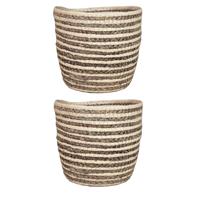 Set Van 2x Stuks Naturel Grijs Rotan Planten Pot Mand Van Gedraaid Jute/riet H16 En D19 Cm - Plantenpotten