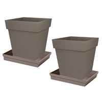 Set Van 2x Stuks Bloempotten Toscane Vierkant Kunststof Taupe 32 X 32 X 32 Cm Inclusief Onderschalen - Plantenpotten