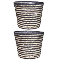 Set Van 2x Stuks Naturel Zwart Rotan Planten Pot Mand Van Gedraaid Jute/riet H18 En D20.5 Cm - Plantenpotten